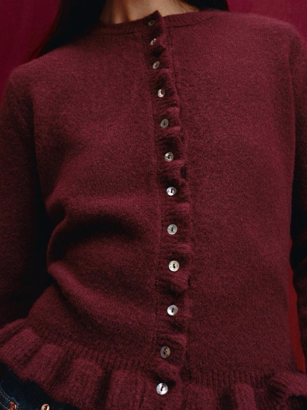 New with tags Zara Women's Burgundy Ruffled Wool Knit Cardigan - Picture 10 of 11